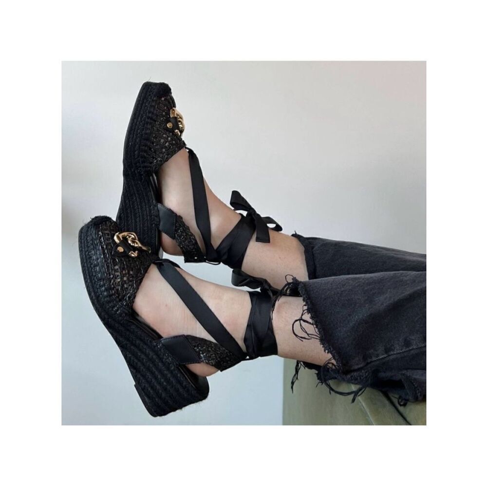 Aerosoles Scarlett Raffia Espadrille Wedge Sandal Ribbon Ankle Wrap Strap